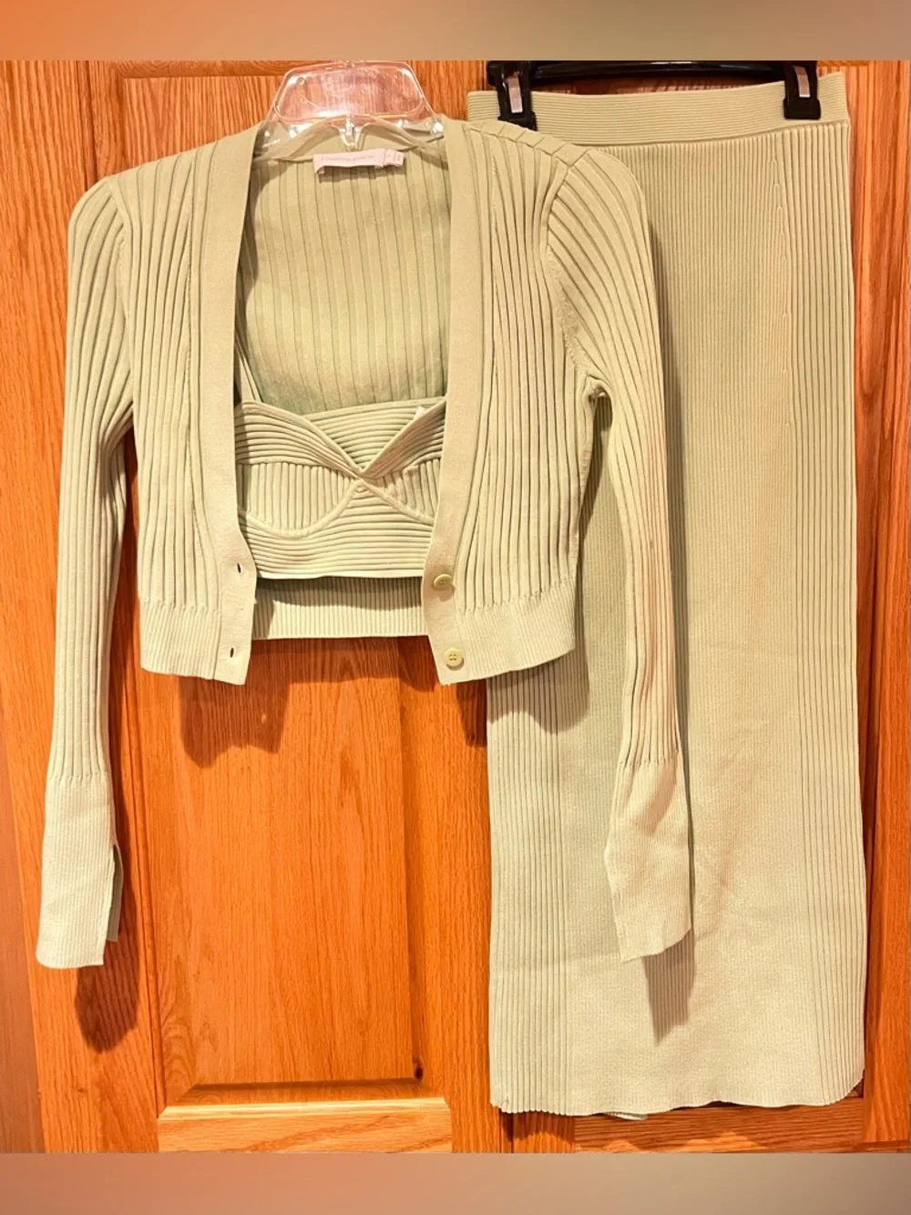 JONATHAN SIMKHAI Compact Rib Cropped Cardigan‎ Bra Top Midi Skirt Set Pear XS/S
